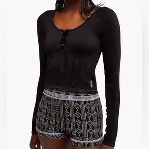 Black Long Sleeve Top and Patterned Shorts Set